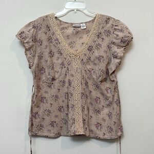 Vintage Fashion Bug Cottagecore Y2K Lace Trim Top XL Floral Cotton USA Waist Tie